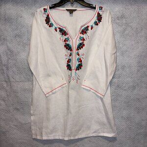 Tommy Bahama Top Womens S White Linen Embroidered Boho Peasant Tunic Casual
